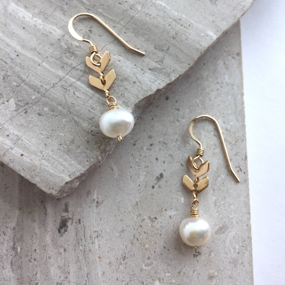 14K Gold/Sterling Double Chevron & Pearl Earrings